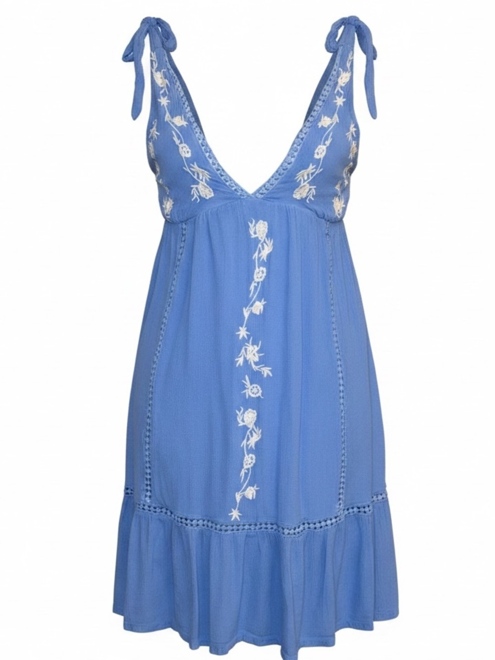JESSICA SIMPSON Embroidered Tie Shoulder Mini Dress Cornflower Blue WHT SZ S